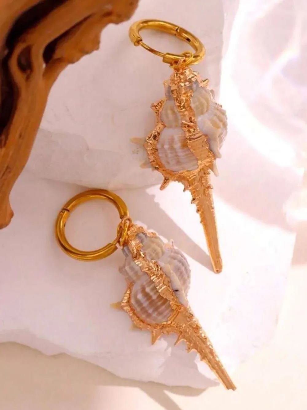 L White Shell and Gold Drop Hoop Earrings R715 - Picture 2 of 3